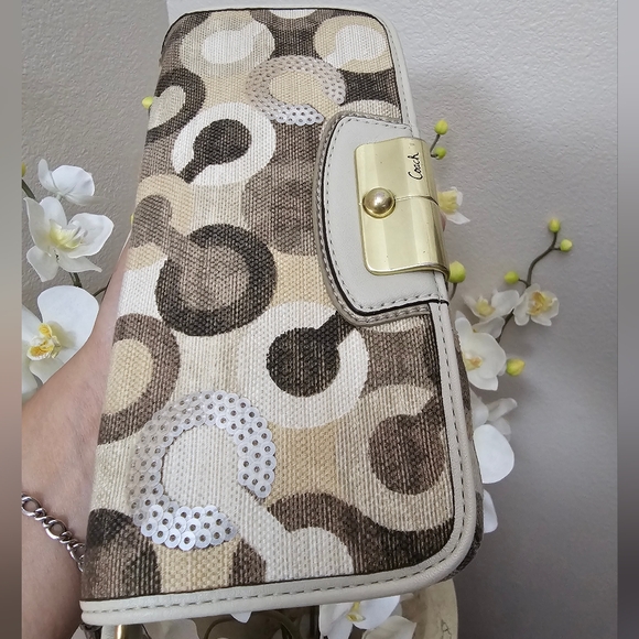 Coach Kristin Embellished Large Clutch Art Deco OP Leather Multi Tan print EUC - Picture 8 of 16